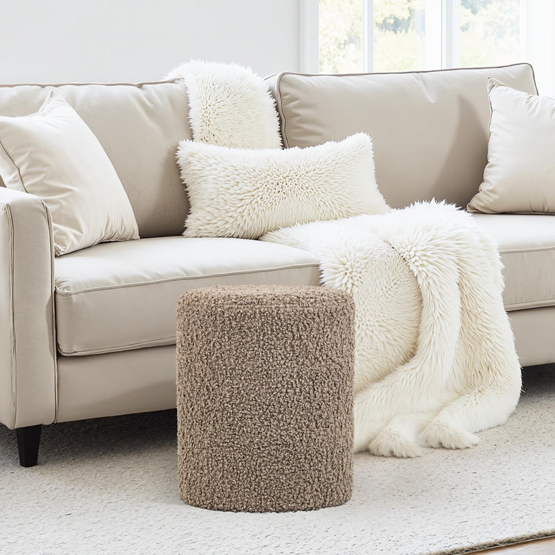 Taupe Sherpa Fabric Round Ottoman 