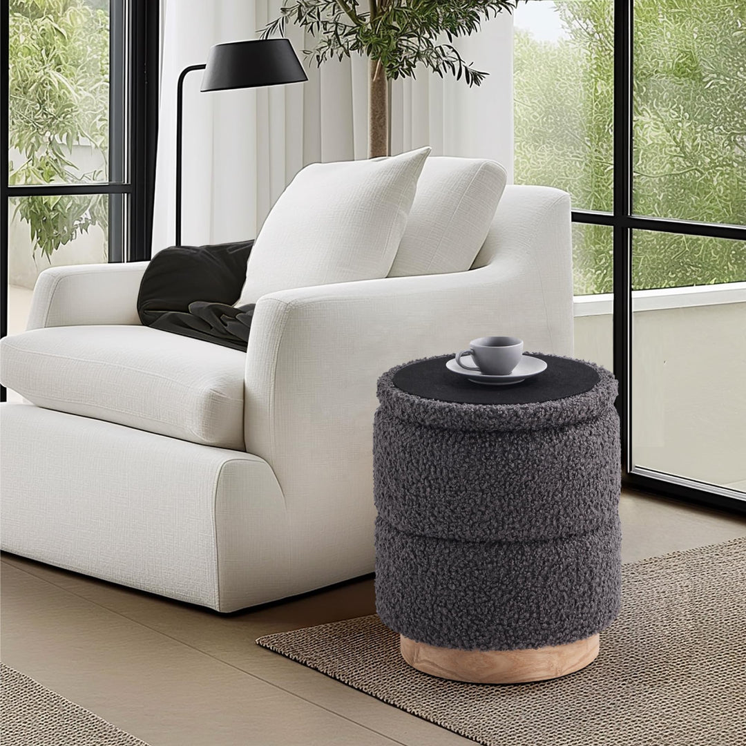 Wooden Base Storage Ottoman: Grey Boucle #100112