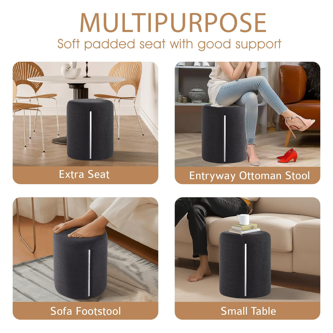 Black Linen Round Ottoman with Band #100116