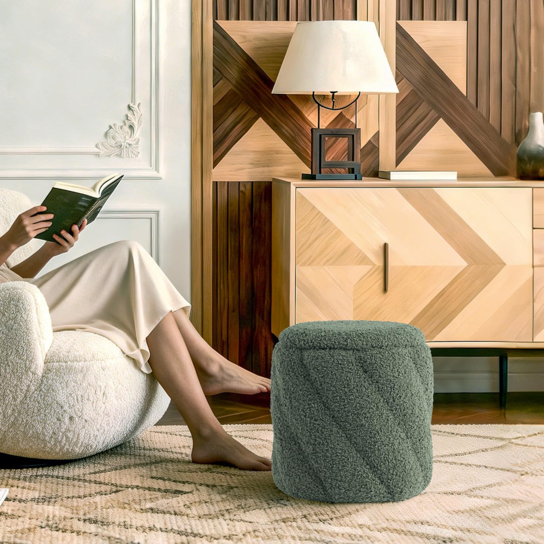 Round Ottoman with Soft Padded Seat, Storage Vanity Stool for Makeup, Upholstered Footrest Stool Ottoman Foot Stool (Green) #100201