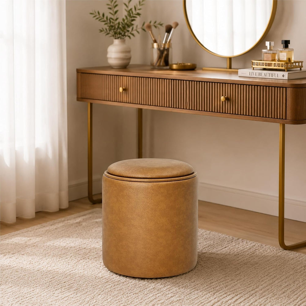 Boda Round Faux Leather Storage Ottoman Stool with Wooden Lid (Camel Brown) Get Set Style Furniture