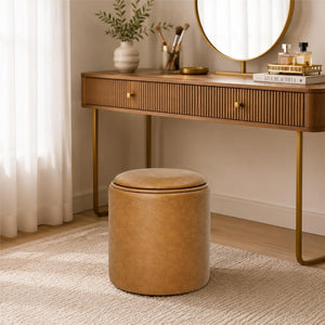 Boda Round Faux Leather Storage Ottoman Stool with Wooden Lid (Camel Brown) Get Set Style Furniture