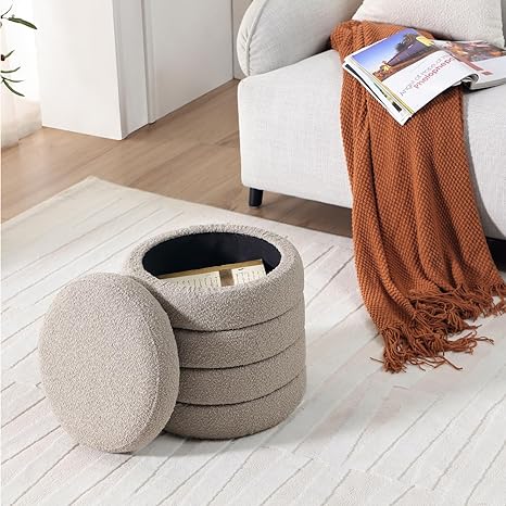 Khaki Fabric Round Ottoman with Storage 