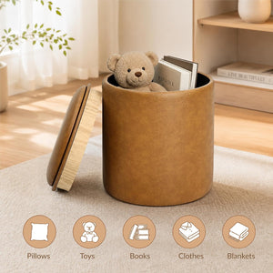 Boda Round Faux Leather Storage Ottoman Stool with Wooden Lid (Camel Brown) Get Set Style Furniture
