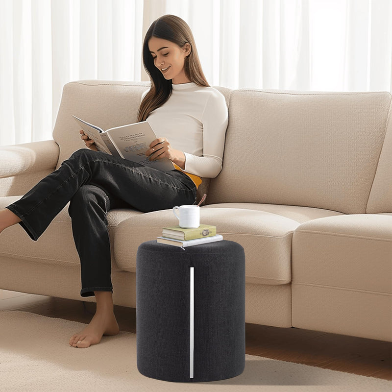 Black Linen Round Ottoman with Band 