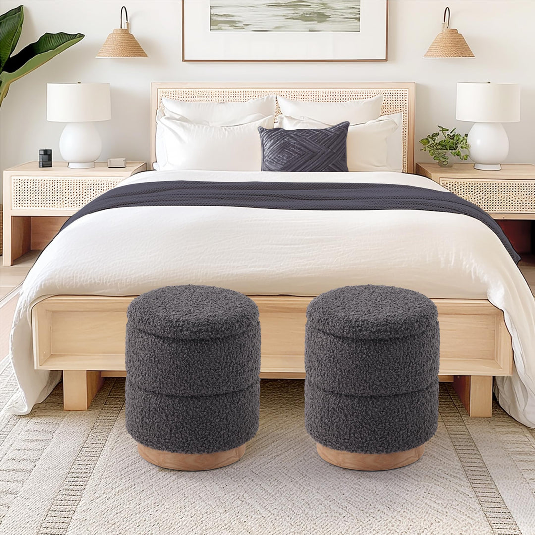 Wooden Base Storage Ottoman: Grey Boucle #100112