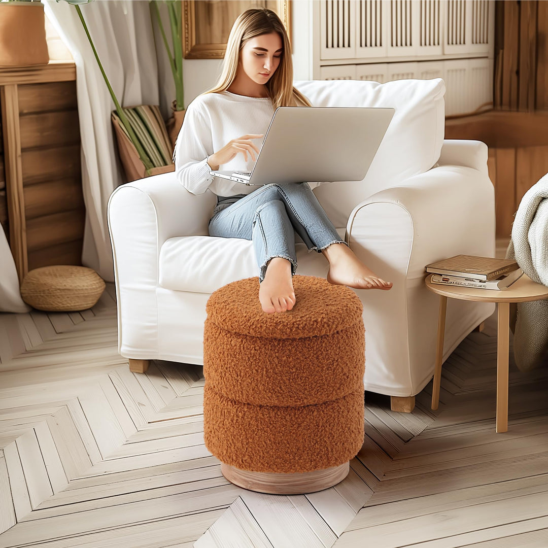Wooden Base Storage Ottoman: Mustard Boucle #100111