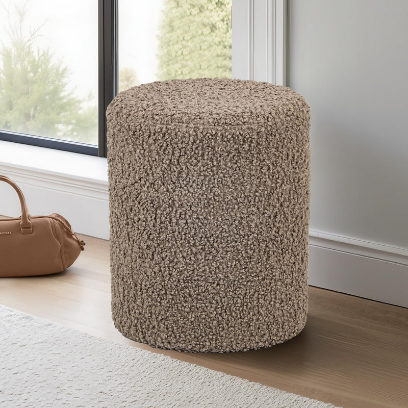 Taupe Sherpa Fabric Round Ottoman 