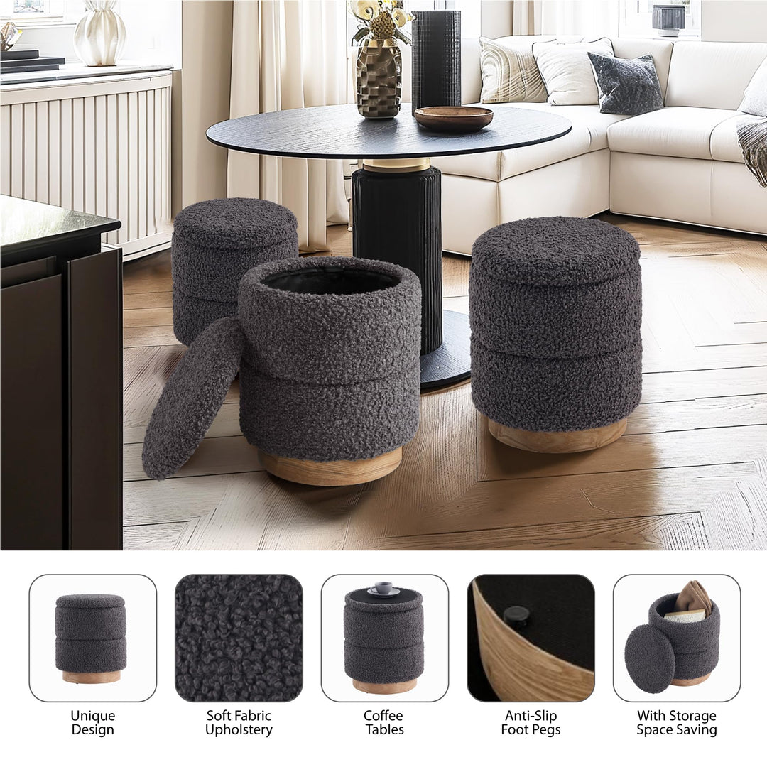 Wooden Base Storage Ottoman: Grey Boucle #100112