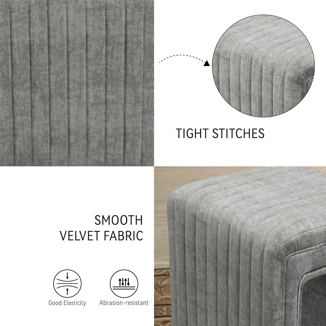 Veluxe Gray U-Shaped Velvet Gray Ottoman, Plush Upholstered Vanity Stool and Footrest with Wood Legs, Stylish Extra Seating for Living Room, Bedroom, or Entryway, Fully Assembled