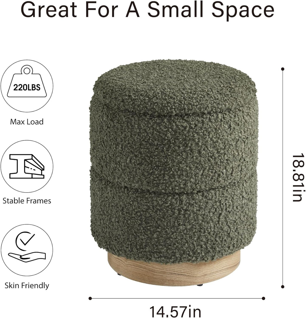 Wooden Base Storage Ottoman: Olive Boucle #100106