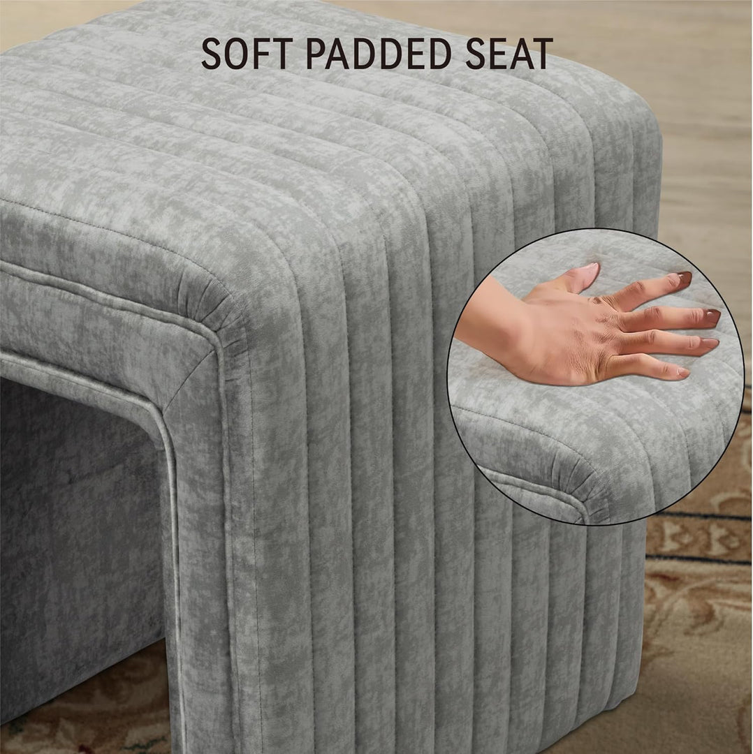 Veluxe Gray U-Shaped Velvet Gray Ottoman, Plush Upholstered Vanity Stool and Footrest with Wood Legs, Stylish Extra Seating for Living Room, Bedroom, or Entryway, Fully Assembled