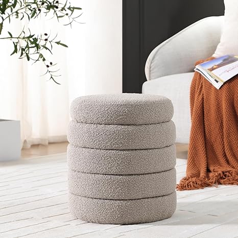 Khaki Fabric Round Ottoman with Storage 