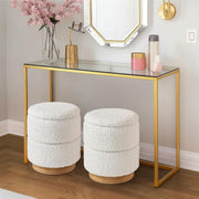 Bente Wooden Base Storage Round White Boucle Ottoman, Fully assembled