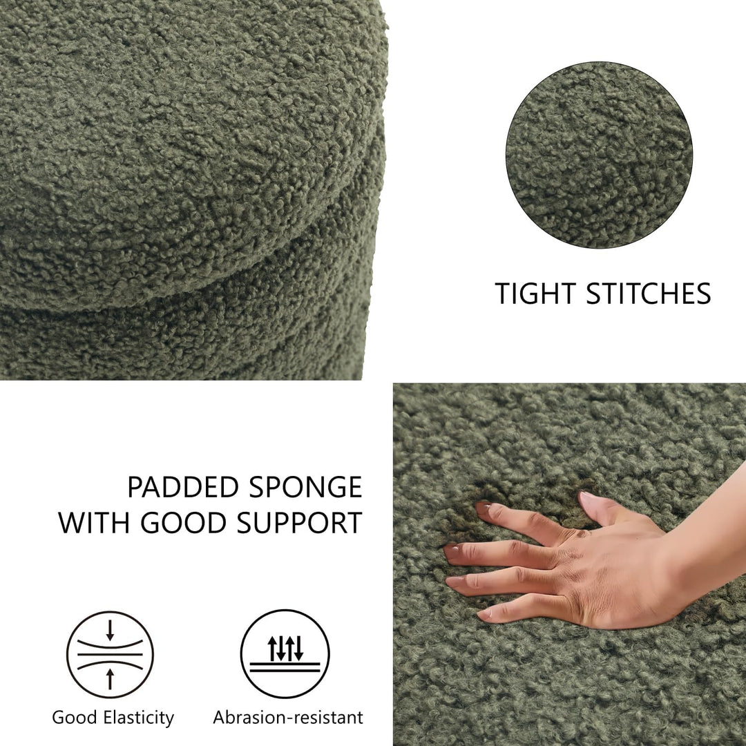 Cushen Sherpa Fabric Round Ottoman with Soft Padded Seat, Storage Vanity Stool, Upholstered Footrest (Green)