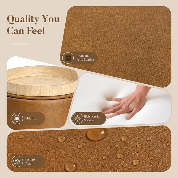 Boda Round Faux Leather Storage Ottoman Stool with Wooden Lid (Camel Brown) Get Set Style Furniture