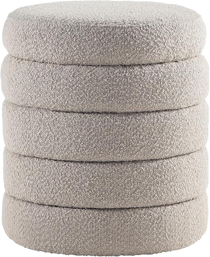 Khaki Fabric Round Ottoman with Storage 