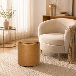 Boda Round Faux Leather Storage Ottoman Stool with Wooden Lid (Camel Brown) Get Set Style Furniture