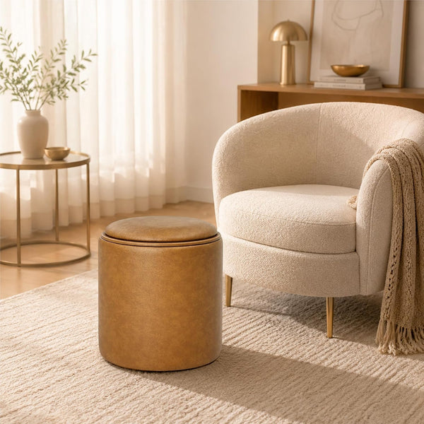 Boda Round Faux Leather Storage Ottoman Stool with Wooden Lid (Camel Brown) Get Set Style Furniture