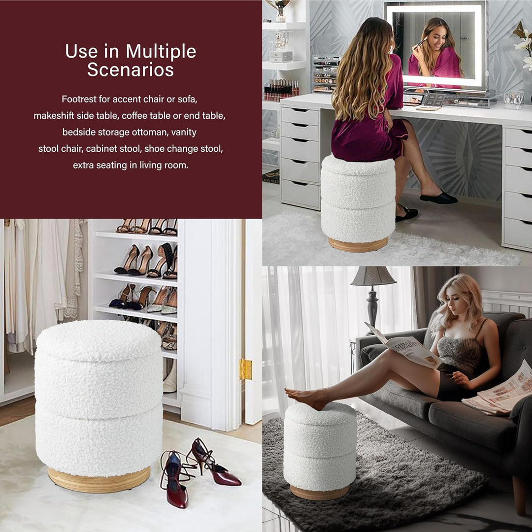 Wooden Base Storage Ottoman: White Boucle #100104