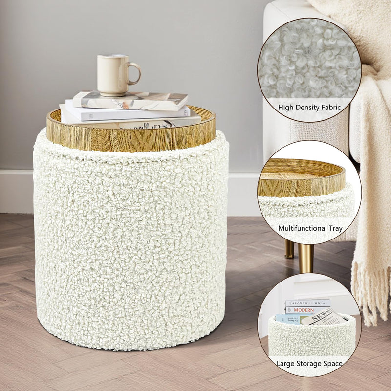 White Sherpa Round Ottoman With Storage 