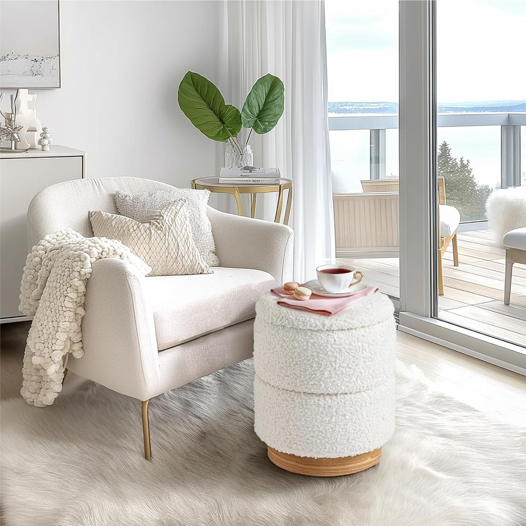 Wooden Base Storage Ottoman: White Boucle #100104