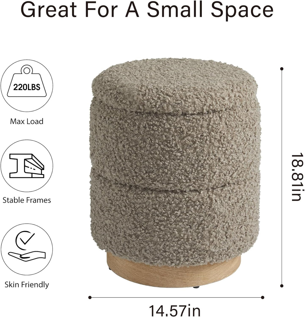 Wooden Base Storage Ottoman: Taupe Boucle #100105