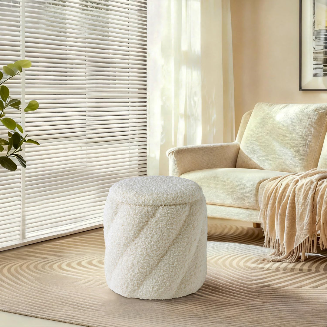 Round Ottoman with Soft Padded Seat, Storage Vanity Stool for Makeup, Upholstered Footrest Stool Ottoman Foot Stool (White) #100202