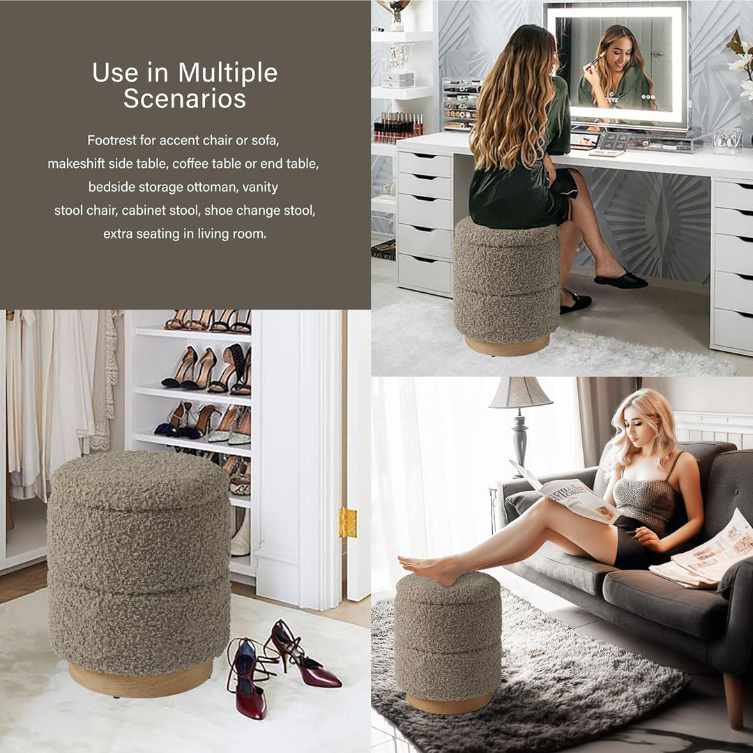 Wooden Base Storage Ottoman: Taupe Boucle #100105