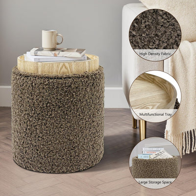 Taupe Sherpa Round Ottoman With Storage #100125
