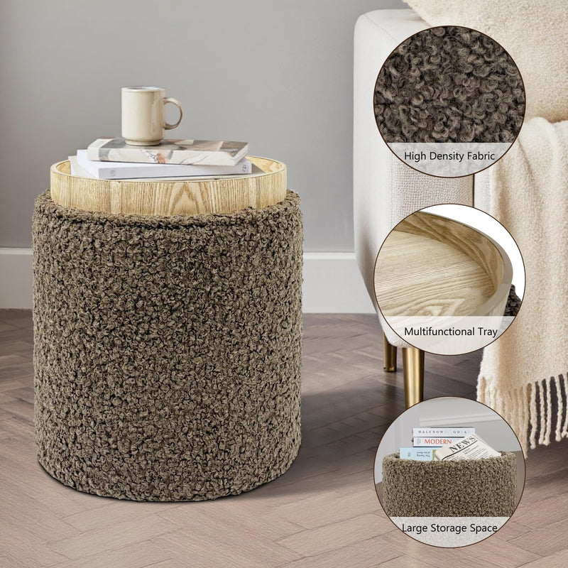 Taupe Sherpa Round Ottoman With Storage 