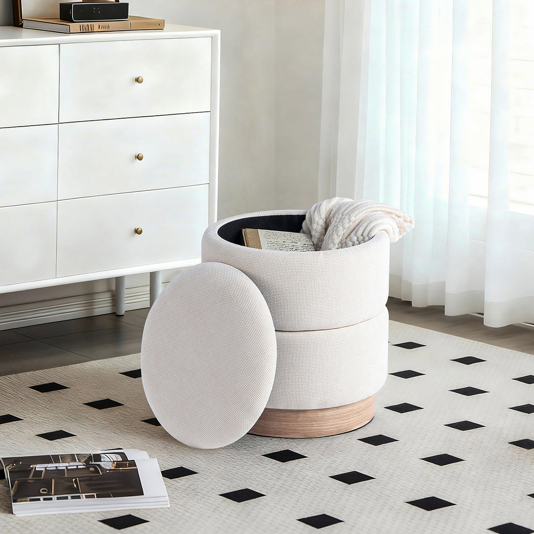 Bente Wooden Base Storage Round Mustard Boucle Ottoman, Fully assembled ( White ) #100191