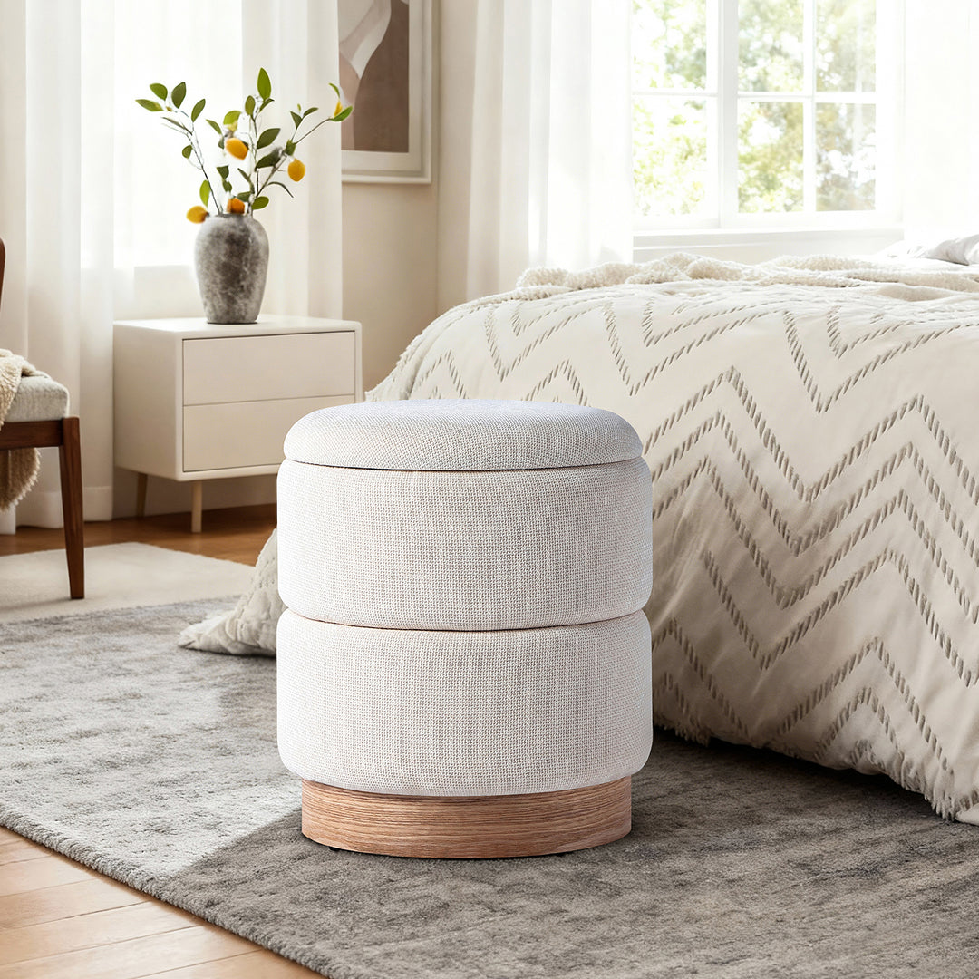 Bente Wooden Base Storage Round Mustard Boucle Ottoman, Fully assembled ( White ) #100191