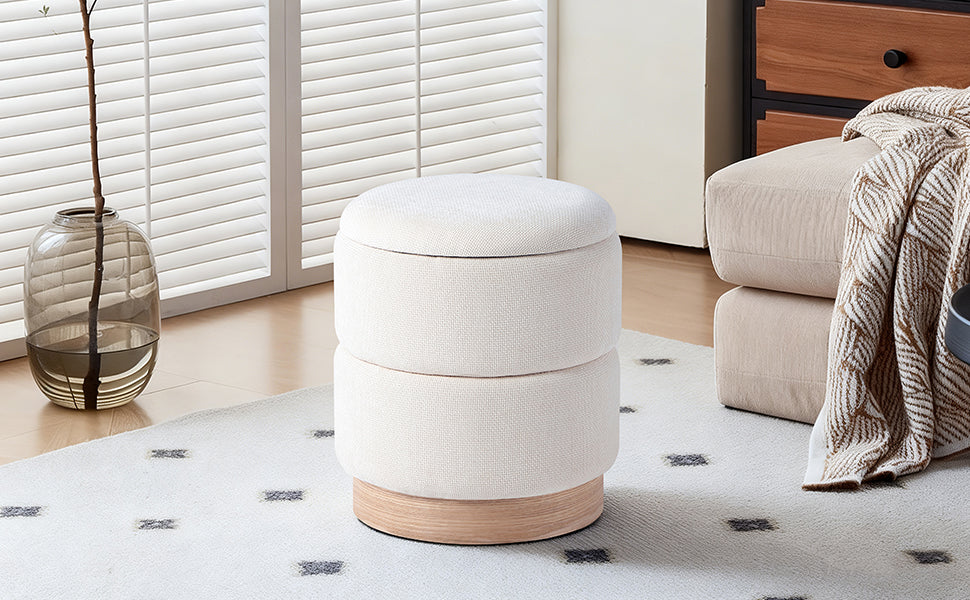 Bente Wooden Base Storage Round Mustard Boucle Ottoman, Fully assembled ( White ) #100191