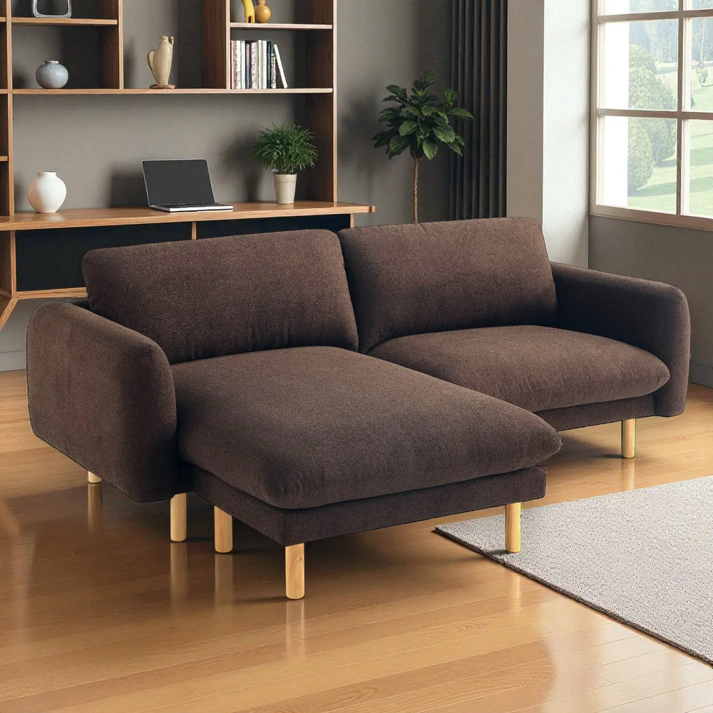 Scandi 86 Inch L-Shaped Convertible Sectional Sofa in Chocolate Fabric - Reversible Chaise and Wood Foundation by Get Set Style Furniture.