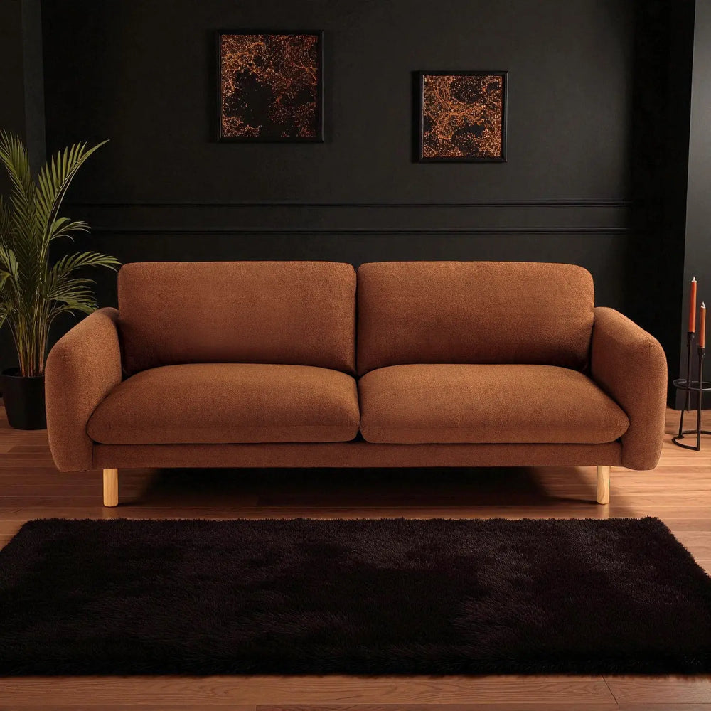 Scandi 86 Inch 3 Seater Sofa in Cedar Brown Fabric - Minimalist Modern Upholstered Couch with Wood Legs by Get Set Style Furniture.