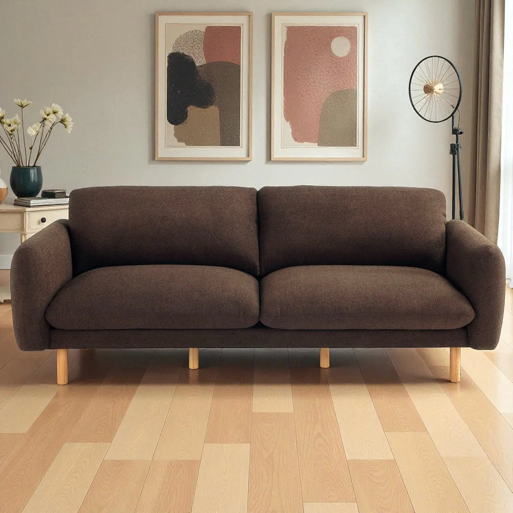 Scandi 86 Inch Minimalist Modern 3-Seater Sofa in Chocolate Brown Fabric - Contemporary Upholstered Couch with Wood Foundation by Get Set Style Furniture.