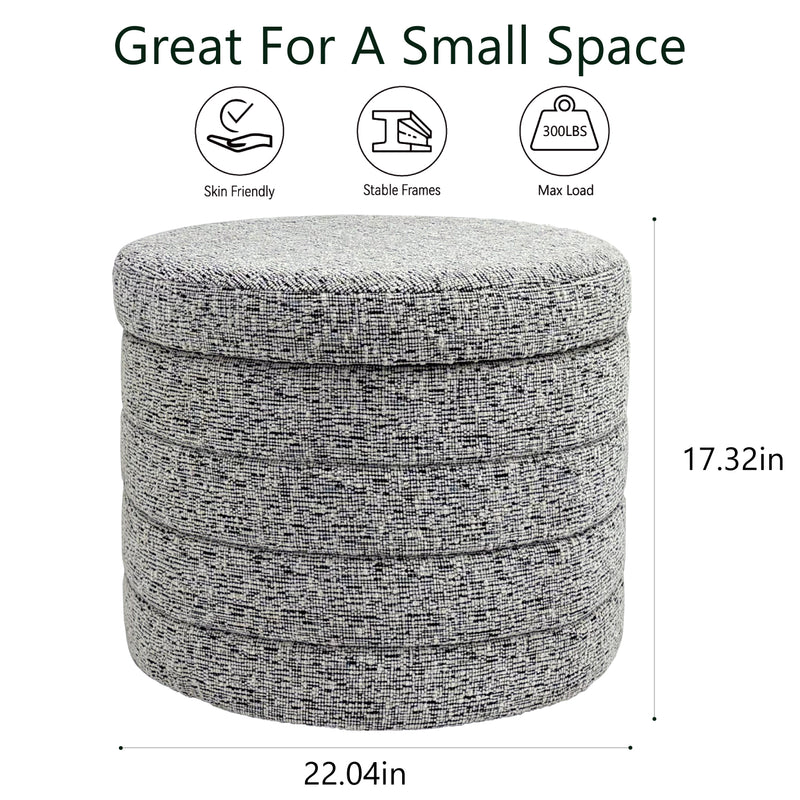Beige Chenille Round Ottoman With Storage 