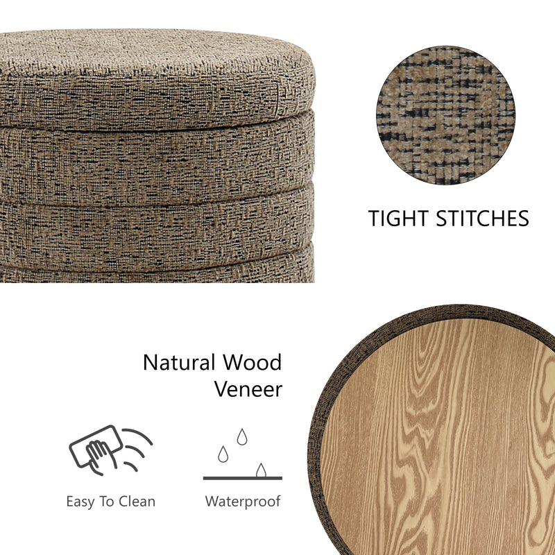 Taupe Chenille Round Ottoman With Storage 