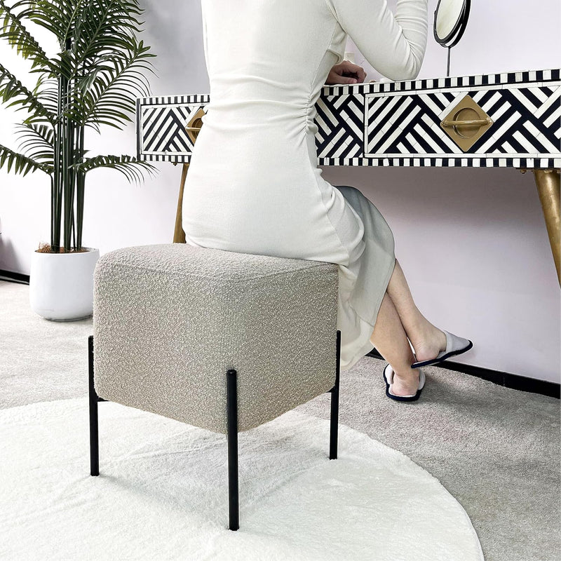 Khaki Cube-Shaped Boucle Stool 