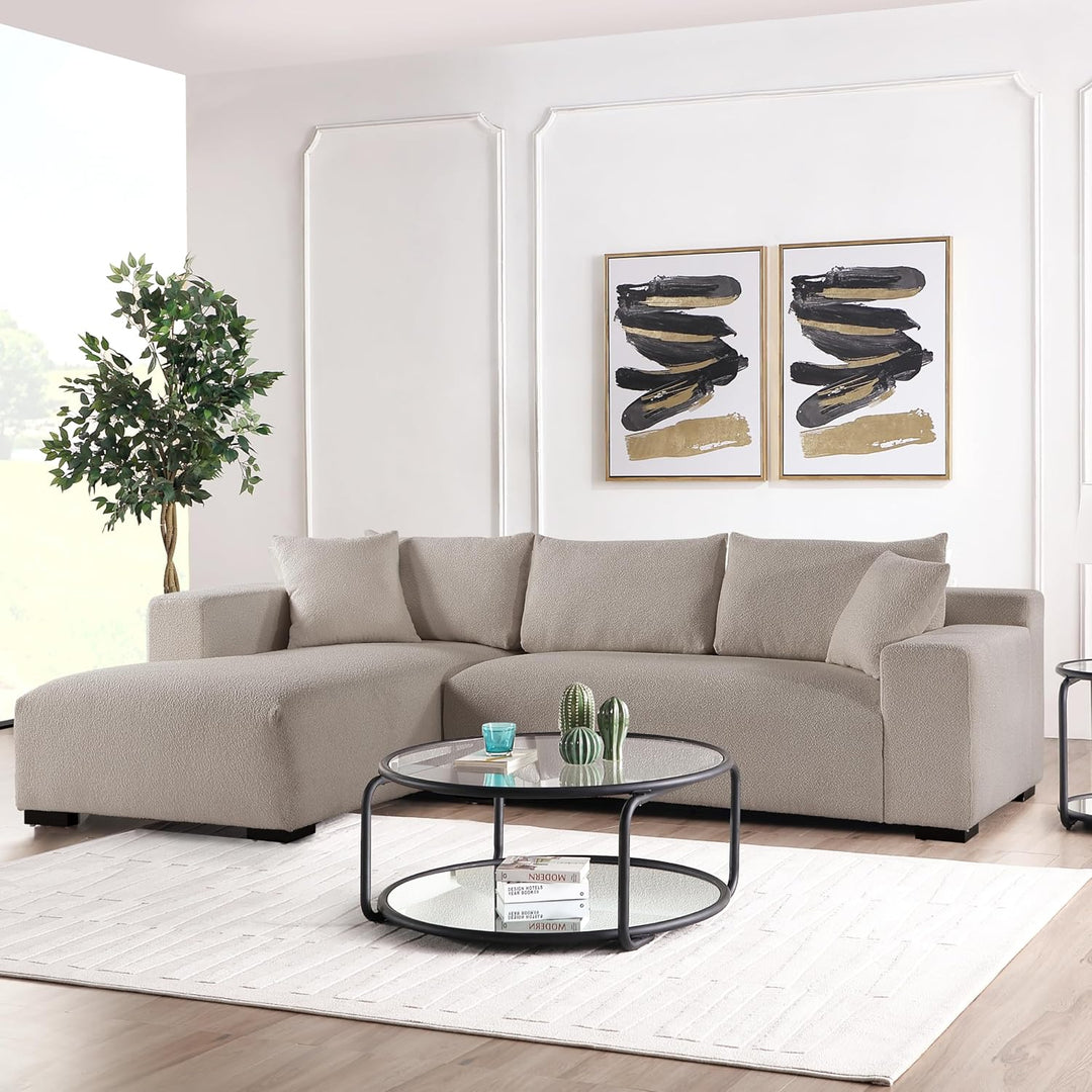 113" Wide Sectional sofa, Modern Boucle Fabric L-Shaped Sofa Couch Bed, 2 Pieces Modular Sectional Couch with Left Facing Chaise and 2 Pillows (Taupe)