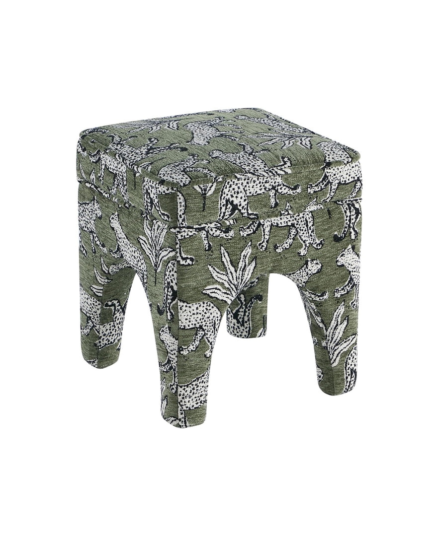 Upholstered Square Ottoman with Leopard Print, Soft Fabric Footrest Stool, Accent Vanity Stool for Living Room, Bedroom, Entryway Get Set Style Furniture