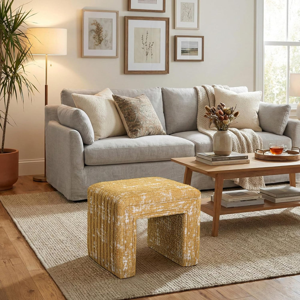 Moony Honey Blend Yellow Ottoman Bench - Modern Minimalist Vanity Chair and Footrest with Wooden Base by Get Set Style Furniture.