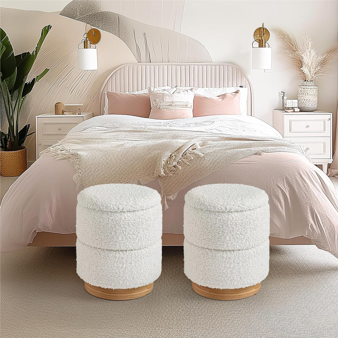 Wooden Base Storage Ottoman: White Boucle #100104