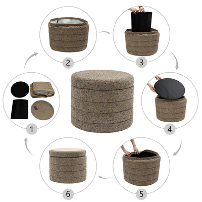 Taupe Chenille Round Ottoman With Storage #100137