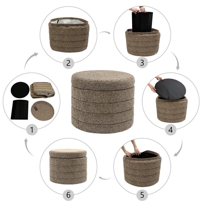 Taupe Chenille Round Ottoman With Storage 