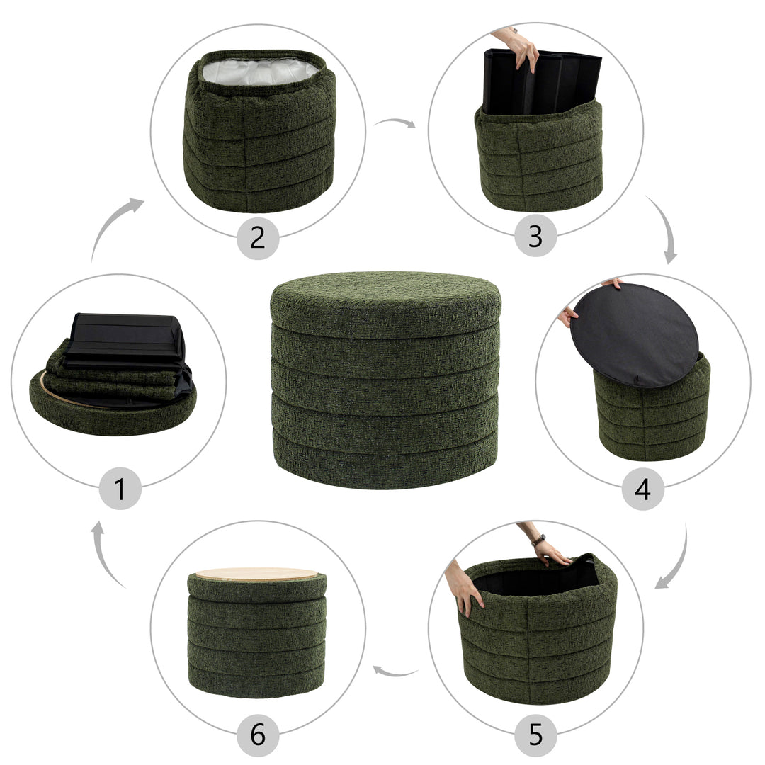 Green Chenille Round Ottoman With Storage #100138