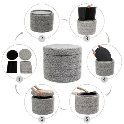 Beige Chenille Round Ottoman With Storage #100136