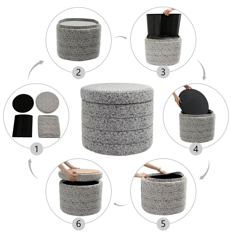 Beige Chenille Round Ottoman With Storage 