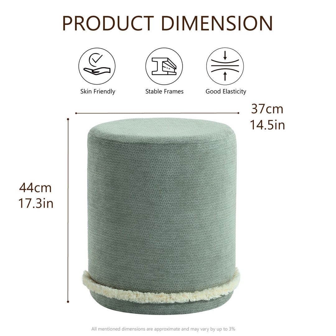 Cirque Round Plush Ottoman, Soft Upholstered Footrest & Vanity Stool for Living Room or Bedroom, Chic Minimal Accent Piece in Neutral Tones (Malachite Green)